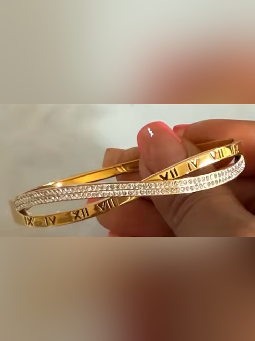GoldTone Roman Numeral Bangle Twist  Pave Row CZ 18KTG.P STAINLESS WATERPROOF NW